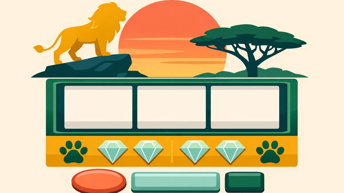 Gold lion on a rock by an acacia tree above paw print pokie reels, illustrating our 50 Lions pokie guide