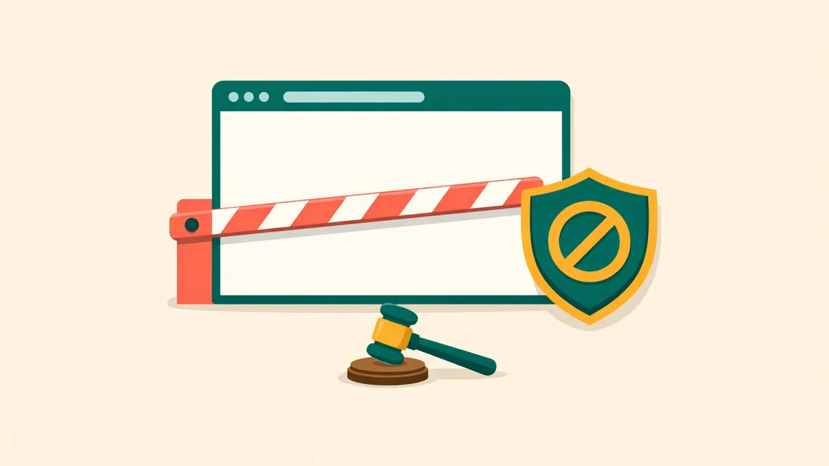 Browser window closed off by a boom gate beside a block shield and gavel, explaining ACMA website blocking