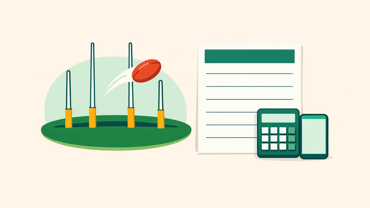 Oval football flying between the goal posts beside a betting slip, illustrating the markets in AFL betting