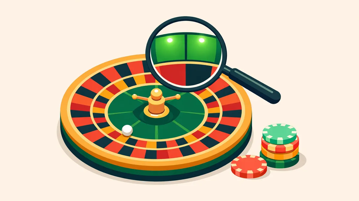 Magnifying glass over the two green pockets of a double zero roulette wheel, explaining American roulette