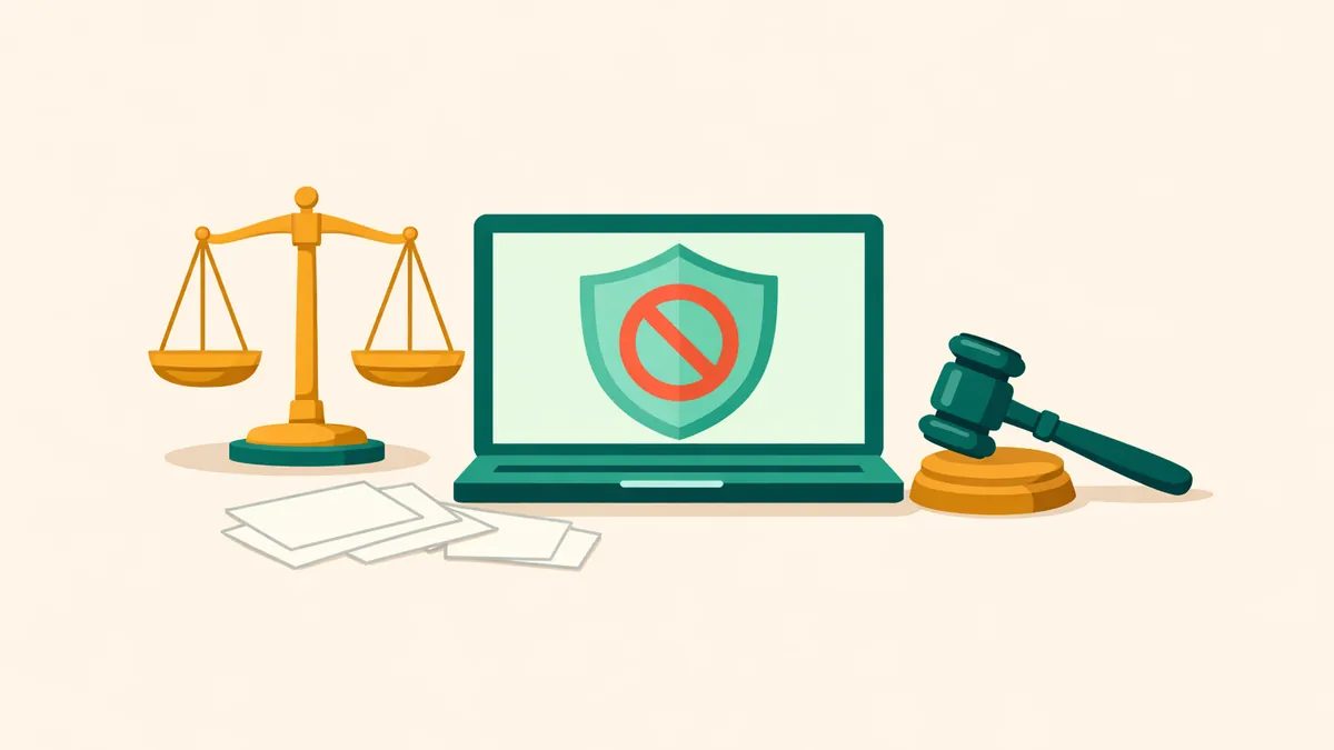 Scales of justice and a gavel beside a laptop showing a blocked shield, illustrating Australian online gambling law