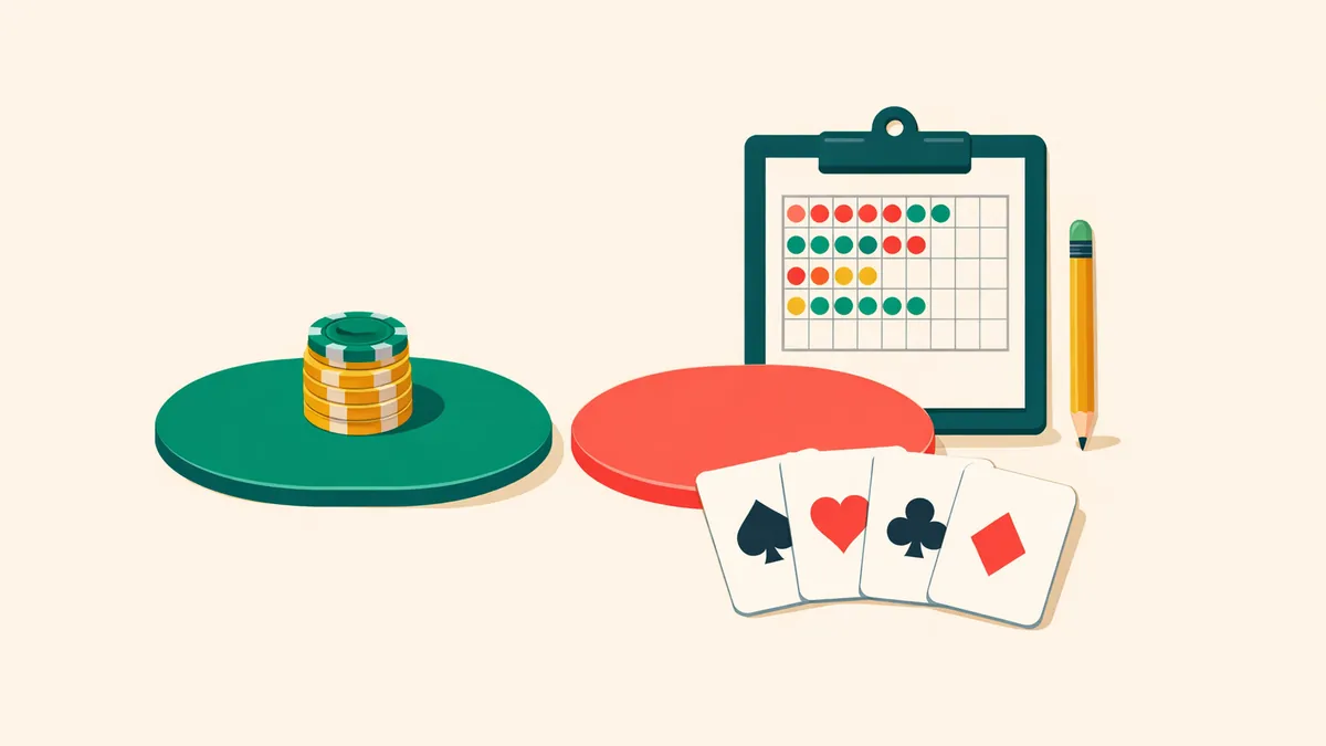 Baccarat betting areas with chips beside a clipboard score chart of coloured dots, illustrating baccarat strategy