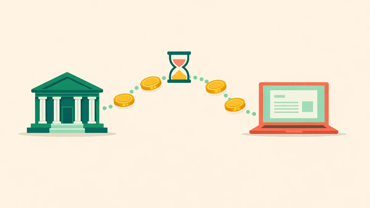 Bank building sending coins along a path to a laptop under an hourglass, illustrating casino bank transfers