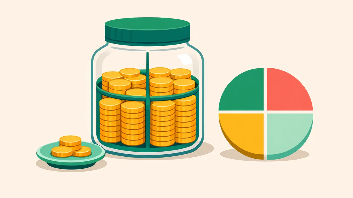 Jar of coins split into equal sections beside a donut chart, illustrating bankroll management