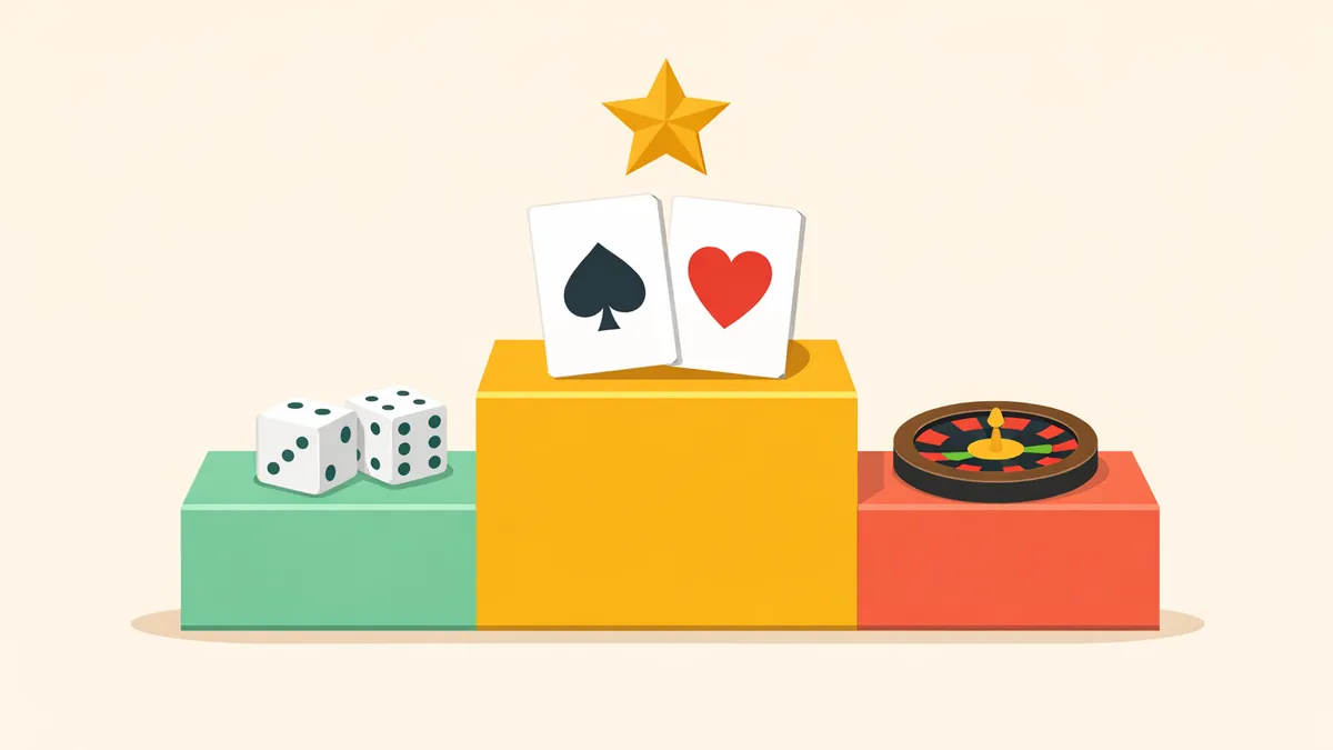Podium with cards on top, dice second and a roulette wheel third, ranking the casino games with the best odds