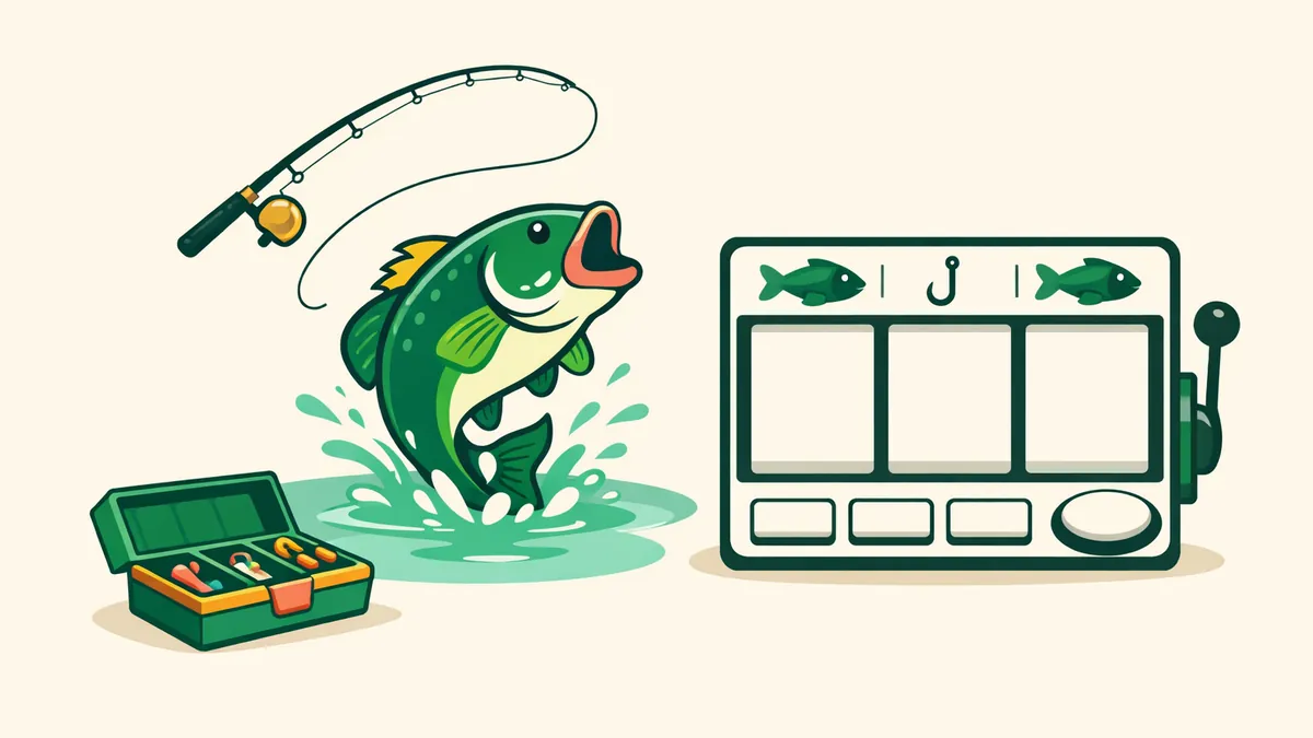 Bass leaping from a lake toward a fishing rod beside fish pokie reels, illustrating our Big Bass Bonanza guide