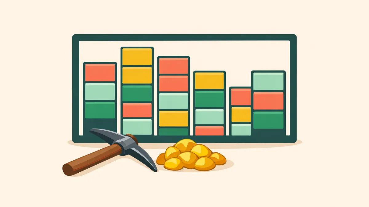 Pokie screen with uneven reel heights above a pickaxe and gold nuggets, illustrating our Big Time Gaming guide
