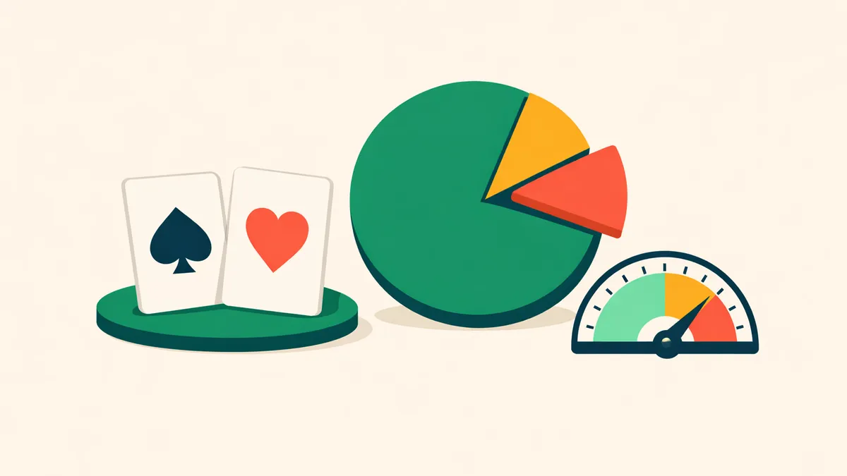Two blackjack cards beside a pie chart and an odds gauge, illustrating our guide to blackjack odds