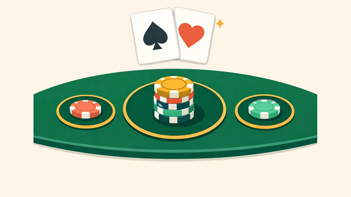 Blackjack felt with a main bet circle and two gold side bet circles under a matching pair, explaining side bets