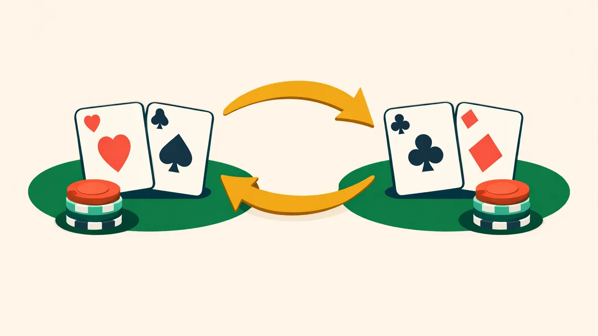 Two blackjack hands with gold arrows swapping their top cards, explaining how blackjack switch works