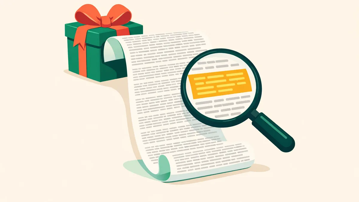 Magnifying glass over a long fine print scroll from a gift box, explaining how to read casino bonus terms