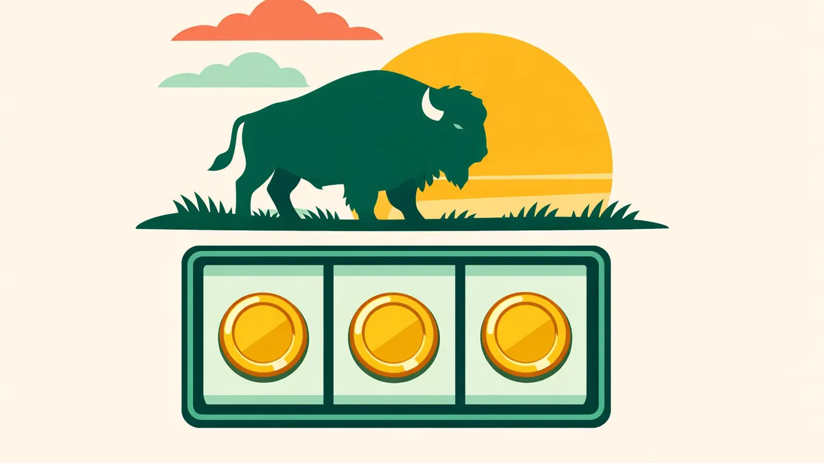 Bison silhouette on the prairie at sunset above gold coin pokie reels, illustrating our Buffalo pokie guide