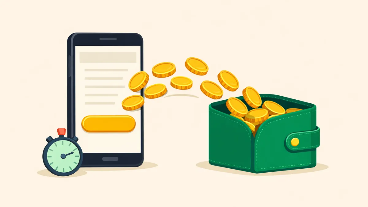 Phone bet slip pouring coins into a wallet beside a stopwatch, explaining how cash out works