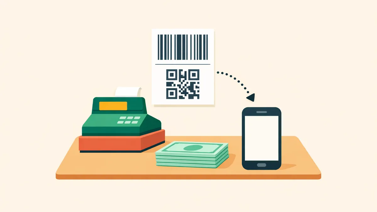Shop counter with cash and a barcode voucher linked to a phone, illustrating CashtoCode casino payments