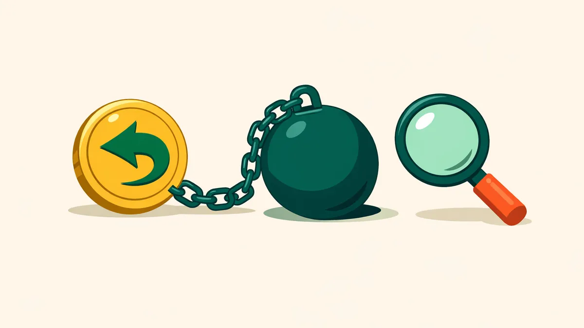 Coin with a return arrow chained to a heavy ball and a magnifying glass: casino cashback often comes with wagering