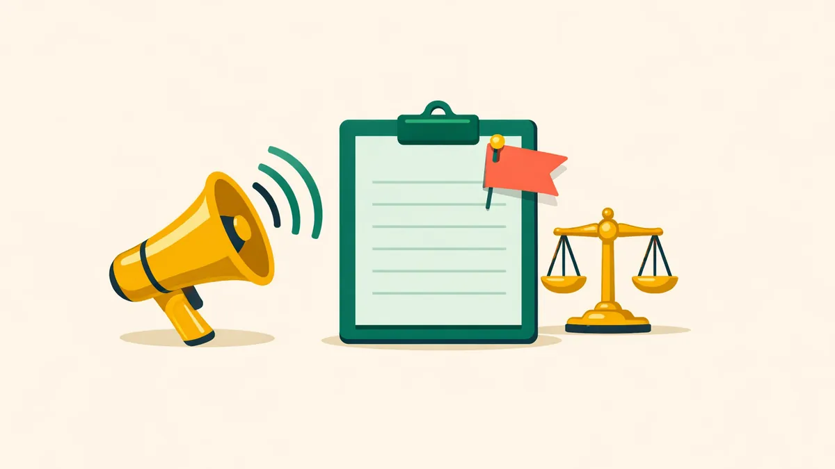 Megaphone beside a flagged complaint form and a scale of justice, explaining how to make a casino complaint