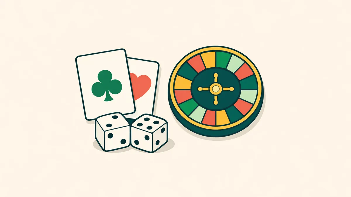 Playing cards, a roulette wheel and a pair of dice, illustrating our casino games guide