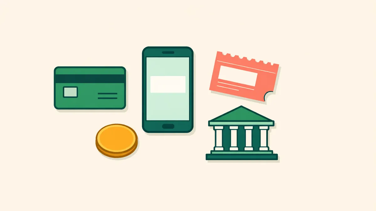 Bank card, phone, prepaid voucher, coin and bank icons, illustrating the casino payment methods Australians use