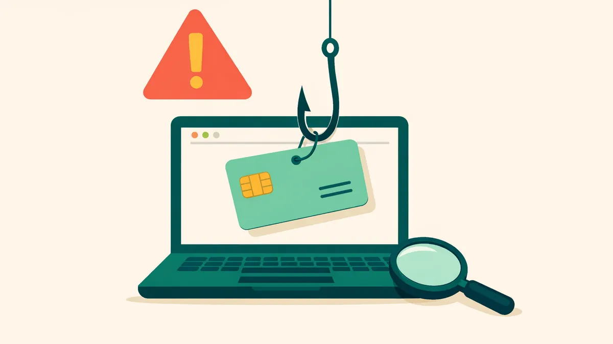 Fishing hook snagging a card from a laptop under a warning sign, illustrating how to spot casino scams