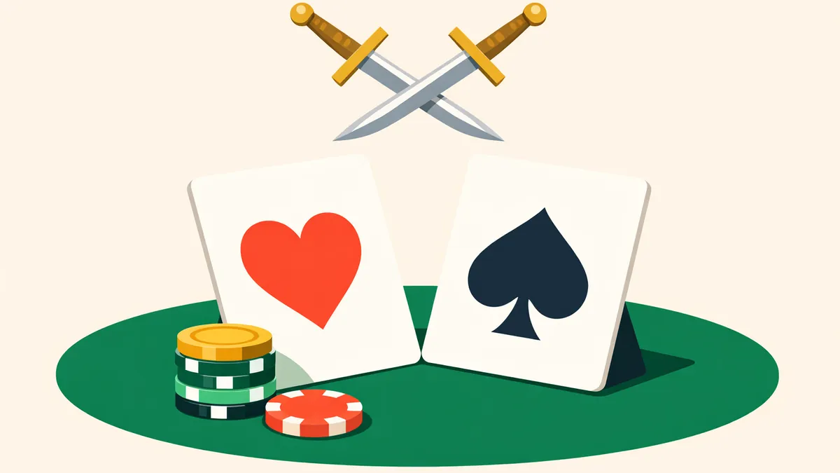 Two playing cards facing off under crossed gold swords with a chip stack, illustrating the game casino war