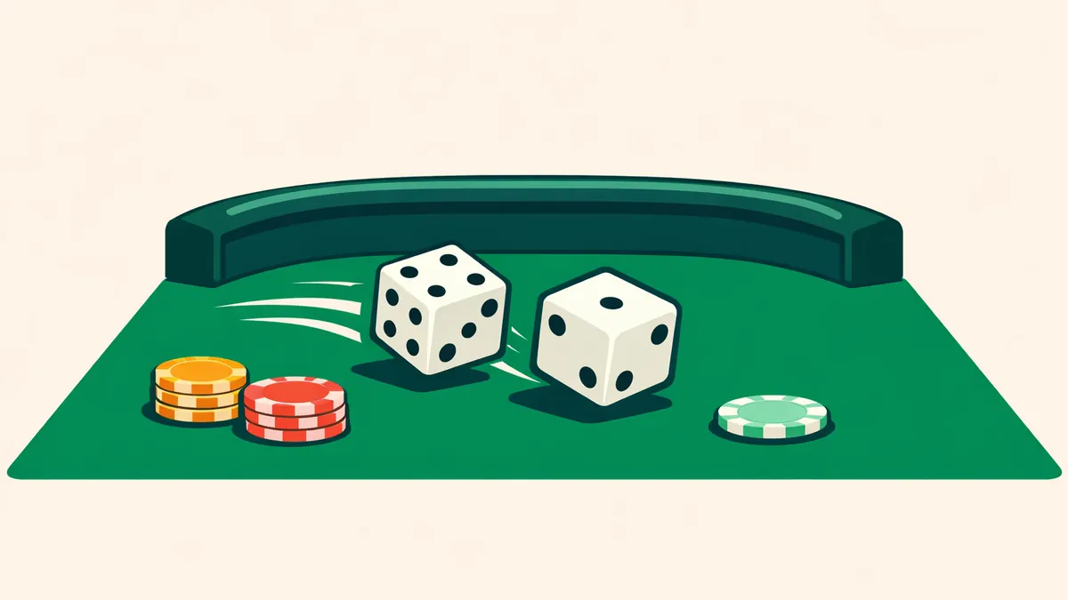 Two dice tumbling across a green craps table with chips, illustrating our guide to playing craps
