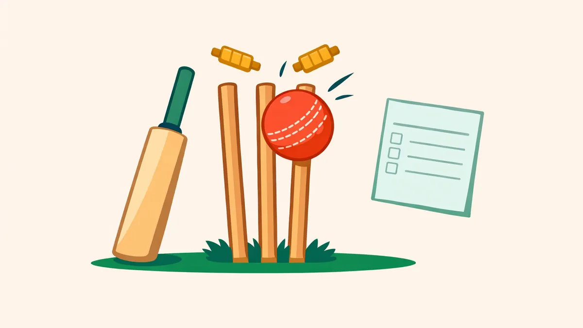 Cricket ball smashing the stumps with bails flying beside a bat and bet slip, illustrating cricket betting