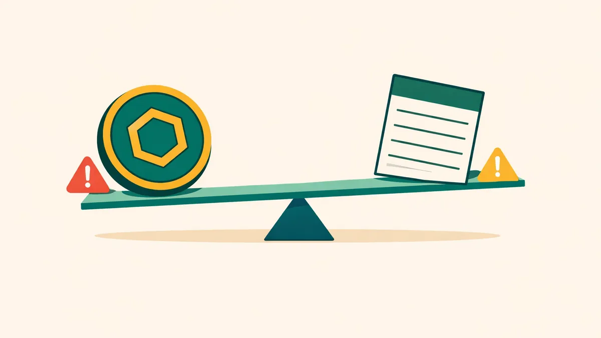 Crypto coin and betting ticket on a tilting seesaw with warning signs: crypto betting puts two risks on one bet
