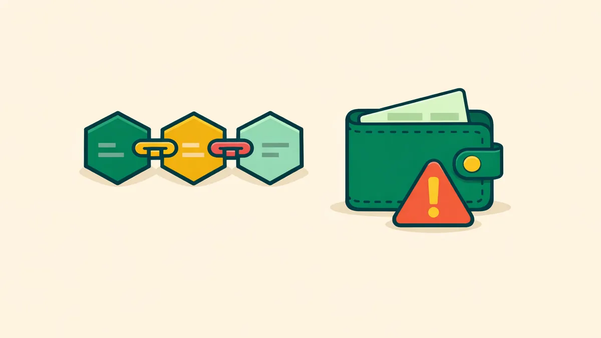 Linked blockchain blocks next to a digital wallet with a warning sign, illustrating the risks of crypto casinos