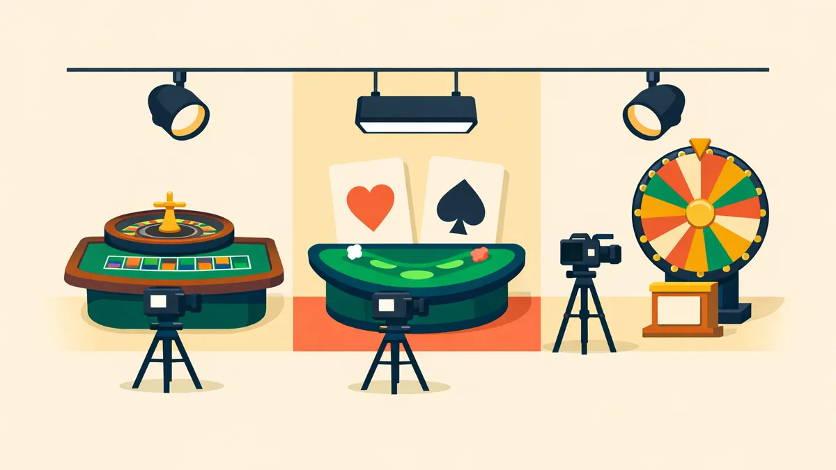 Live studio with roulette, blackjack and prize wheel sets under lights, illustrating our live casino provider guide