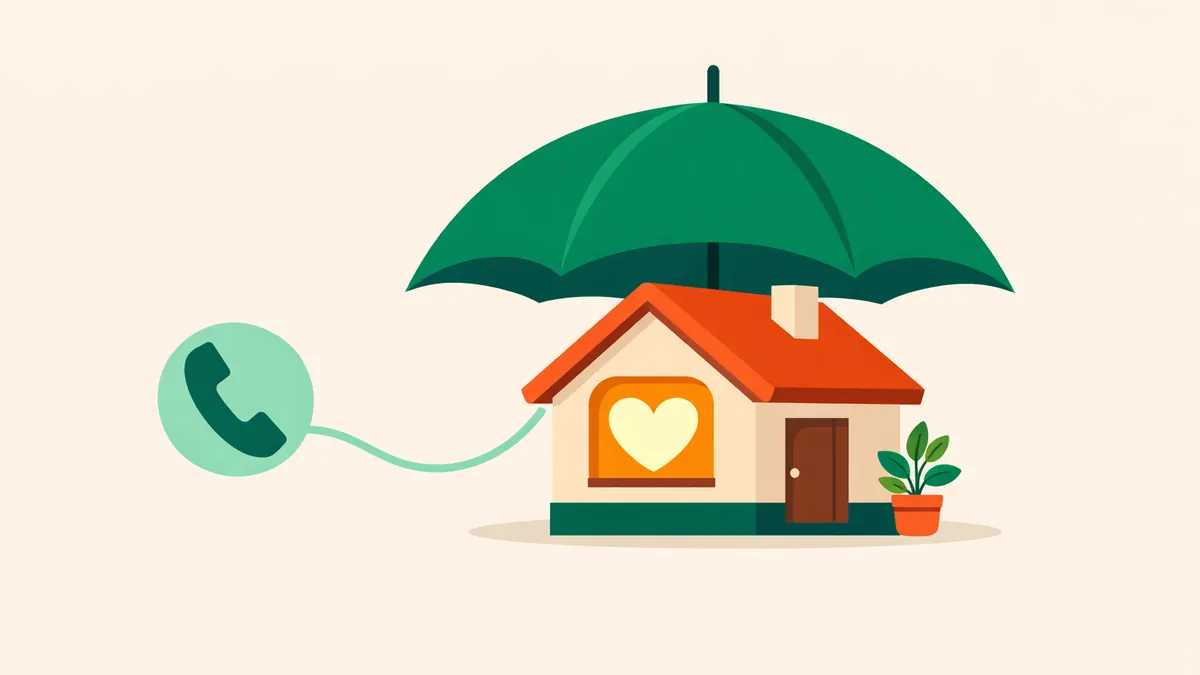 House with a heart in the window under an umbrella linked to a phone, illustrating help for families