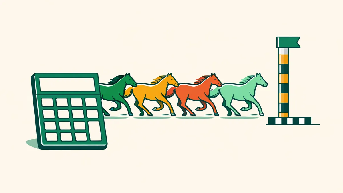 Four racehorses in single file approaching the finish post beside a calculator, illustrating a first four calculator