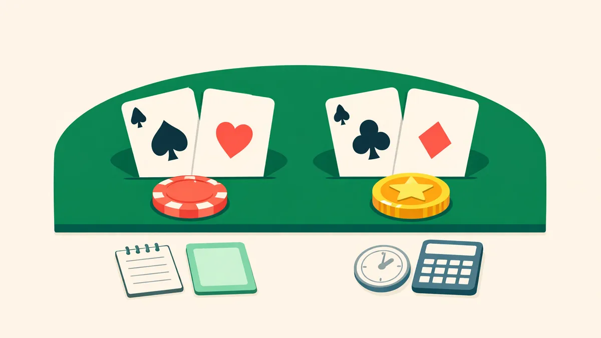 Split blackjack hands, one backed by a chip and one by a gold free bet token, explaining free bet blackjack