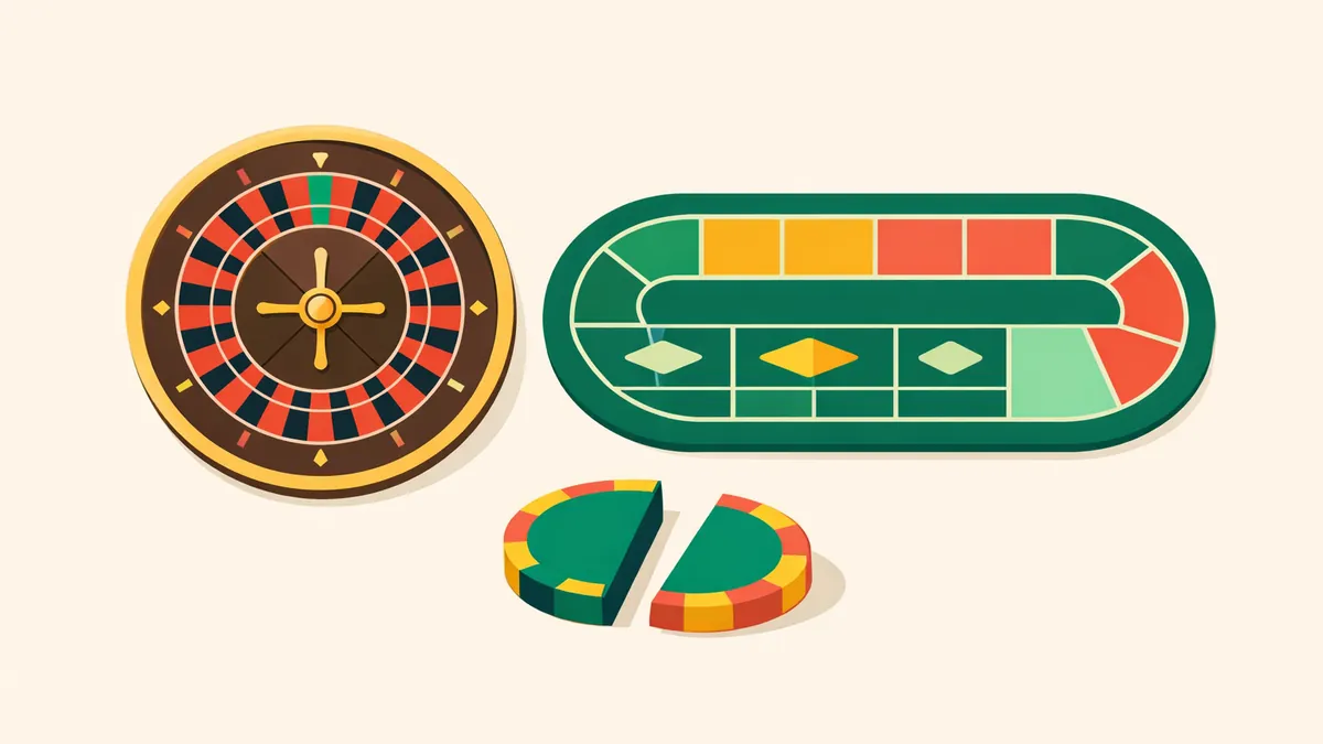 Single zero wheel beside an oval racetrack layout and a chip split in half, explaining French roulette and la partage