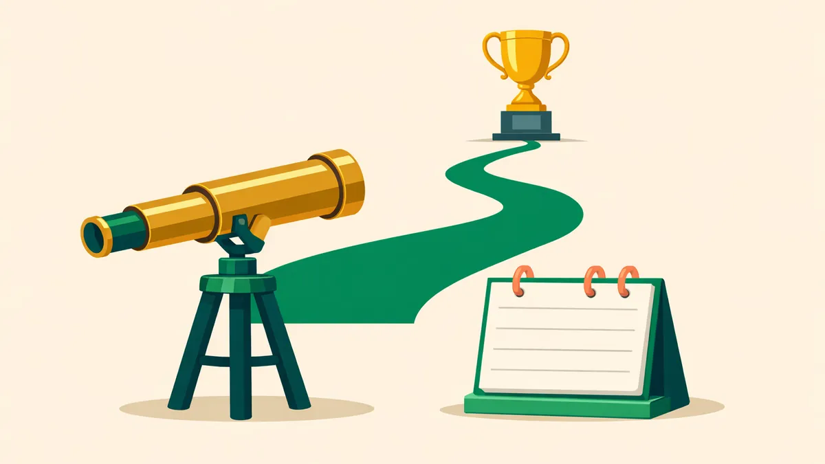Telescope aimed down a winding path at a distant trophy beside a calendar, explaining futures betting