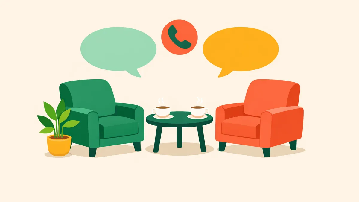 Two armchairs with cups of tea, speech bubbles and a phone icon, illustrating free gambling counselling