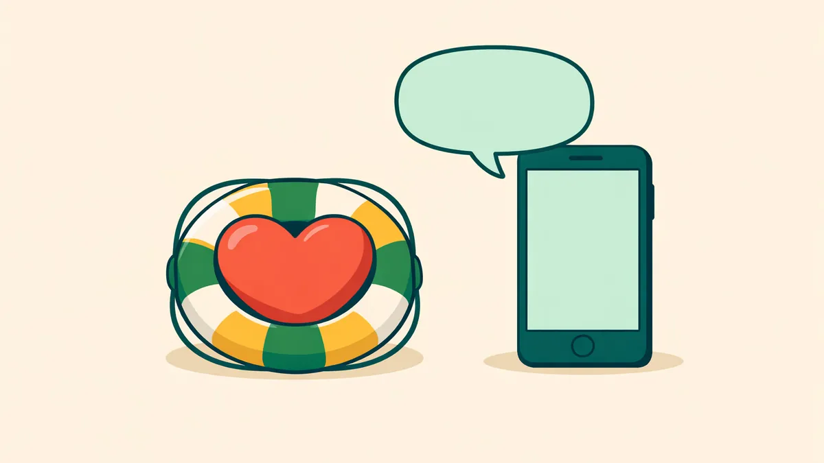 Heart inside a lifebuoy beside a phone with a message bubble, representing free gambling help and support