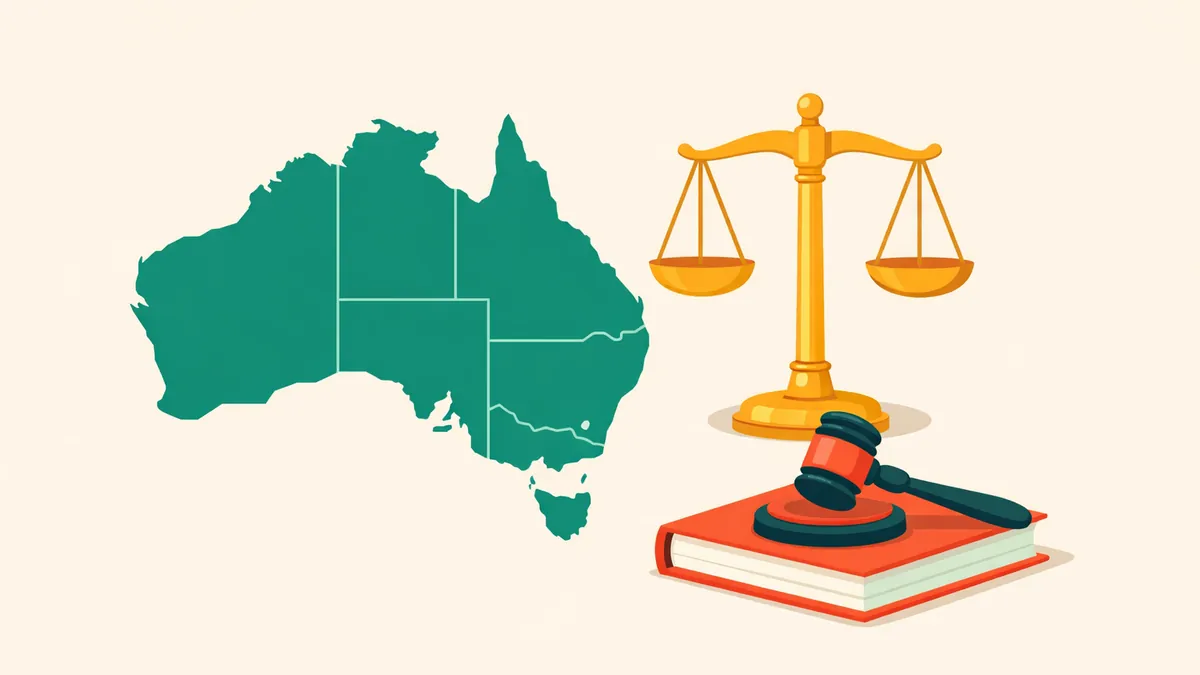 Map of Australia beside a scale of justice and a gavel on a law book, illustrating Australian gambling laws