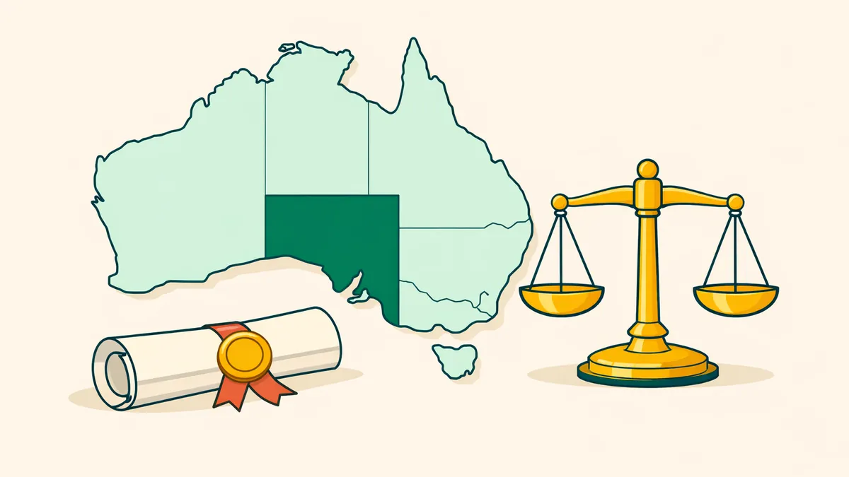 Map of Australia with South Australia highlighted beside a scale and sealed scroll, illustrating SA gambling law