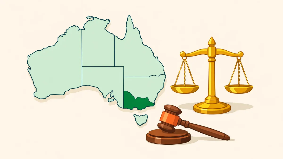 Map of Australia with Victoria highlighted beside a scale of justice and a gavel, illustrating Victorian gambling law