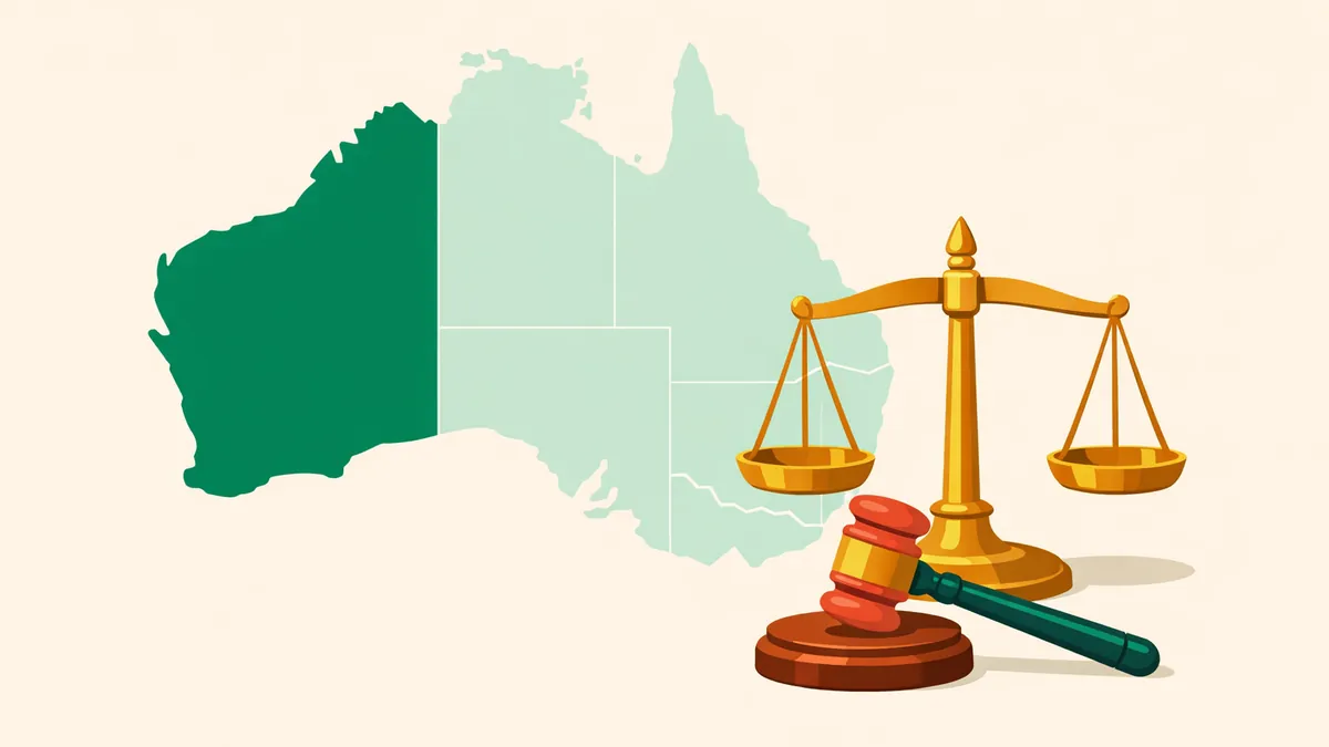 Map of Australia with Western Australia highlighted beside a scale and gavel, illustrating WA gambling law