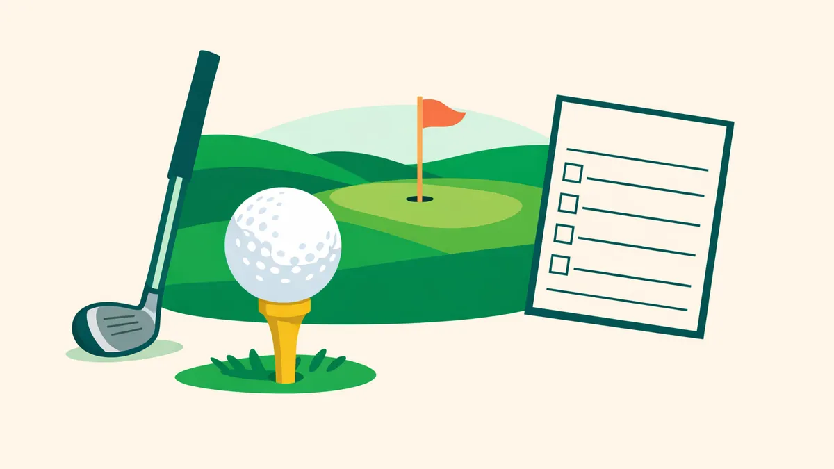 Golf ball on a tee facing a green with a flag, a club and a bet slip, illustrating our golf betting guide