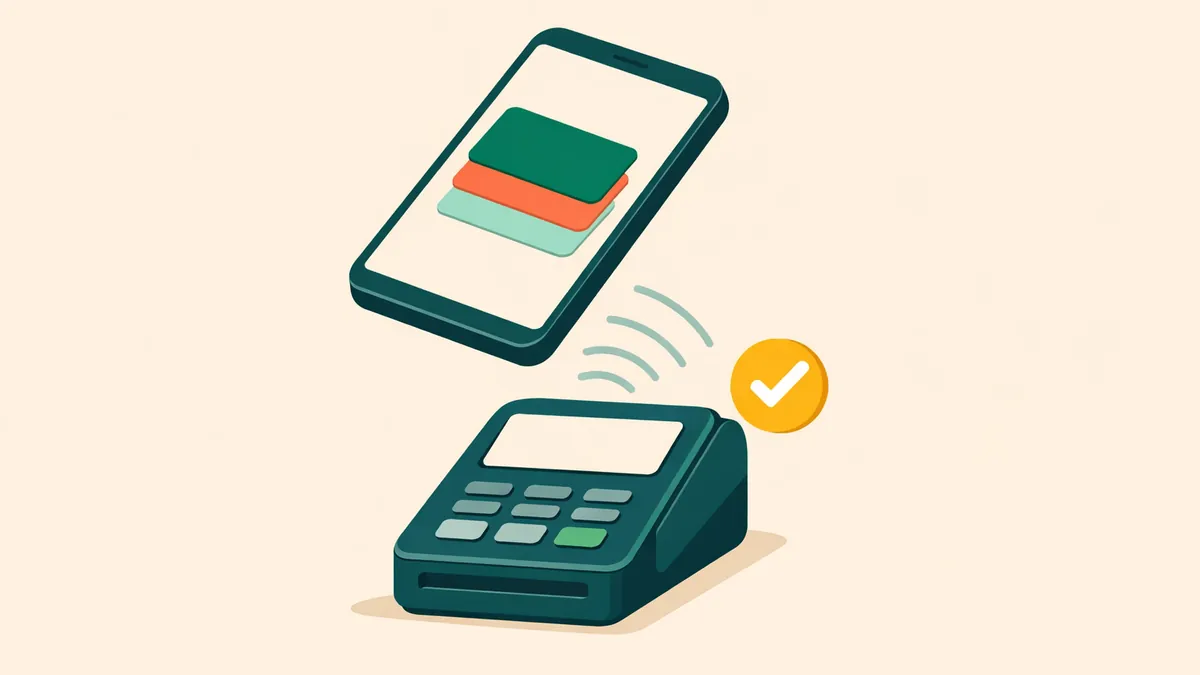 Phone tapping a payment terminal with contactless waves and a tick, illustrating Google Pay casino deposits