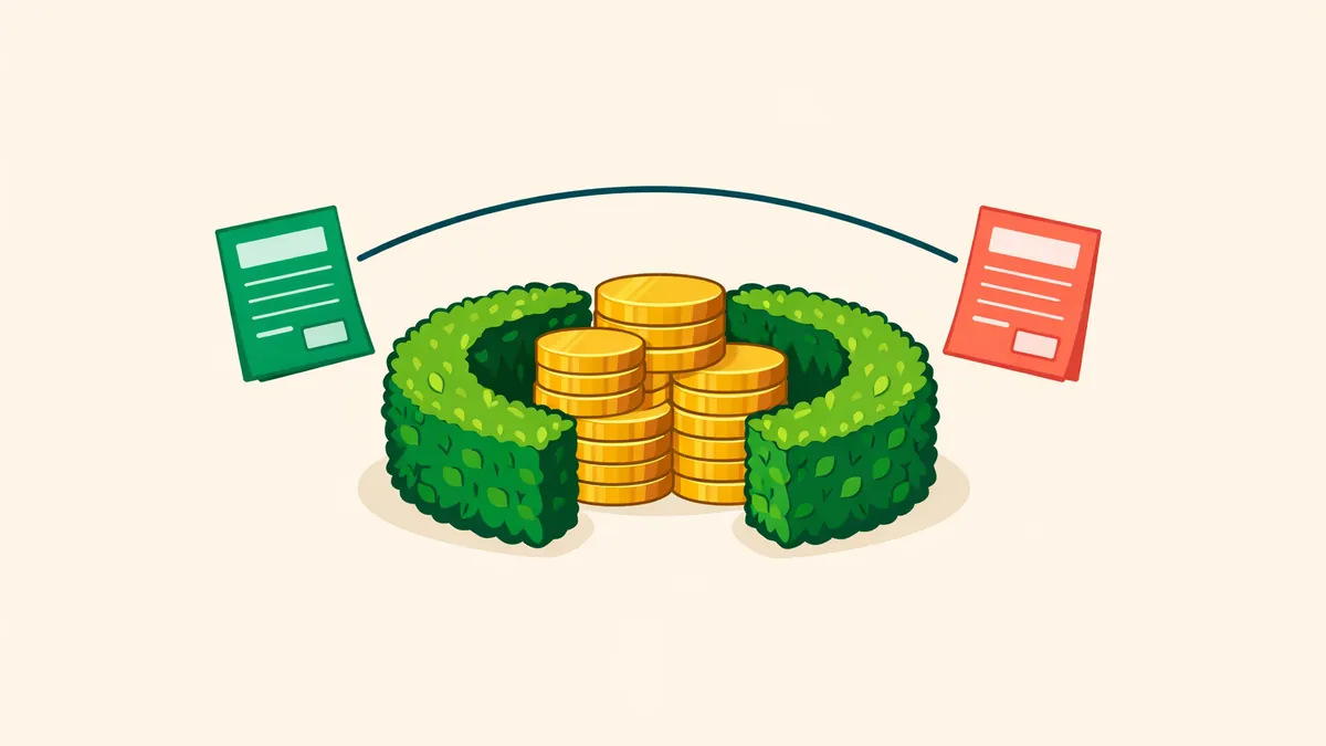 Garden hedge curled around a coin stack between two bet slips, explaining how hedging bets works