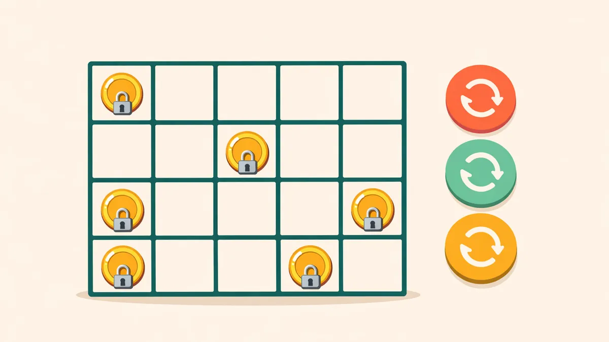 Reel grid with a few coins padlocked in place and three respin markers, illustrating how hold and spin pokies work