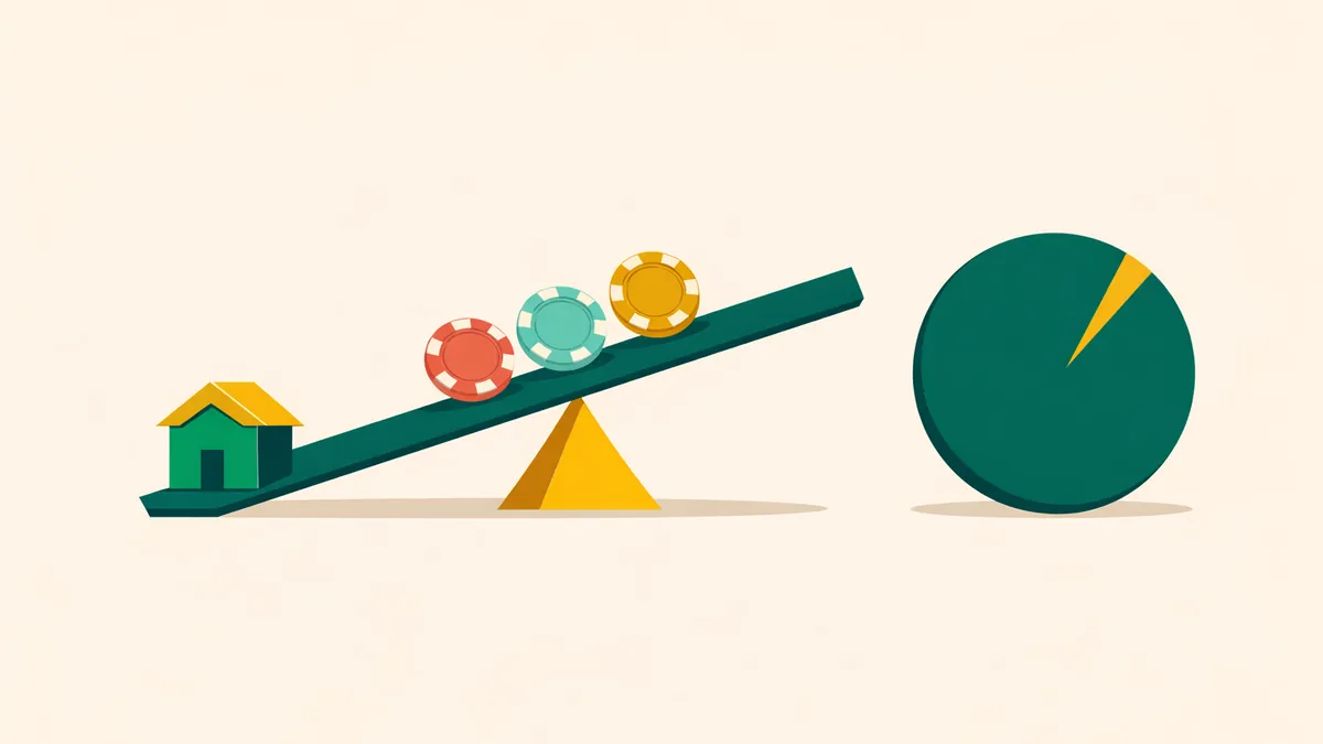 Chips rolling down a tilted plank toward a small house beside a pie chart, explaining the casino house edge