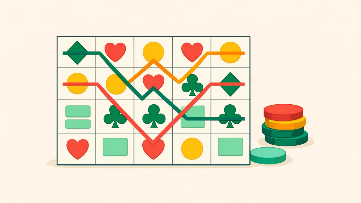 Reel grid crossed by three zigzag paylines beside credit tokens, showing how pokies lines work