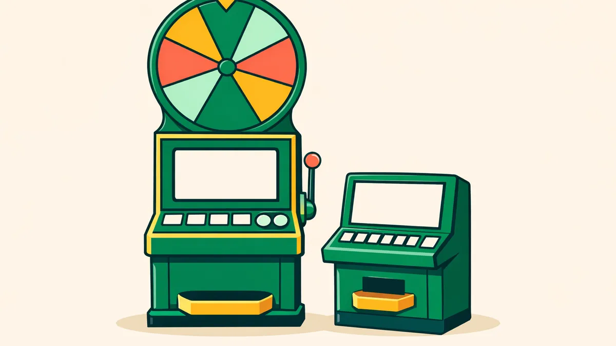 Tall land based pokie with a bonus wheel topper next to a video poker cabinet, illustrating our IGT pokies guide