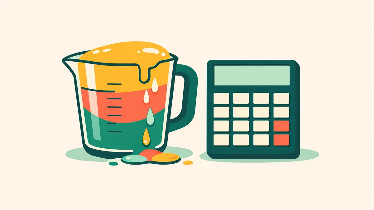 Measuring jug overflowing its full line beside a calculator, showing the bookmaker margin behind implied probability