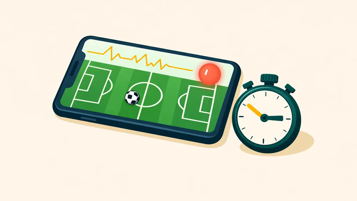 Phone showing a live match with a pulse line beside a stopwatch, illustrating in play betting
