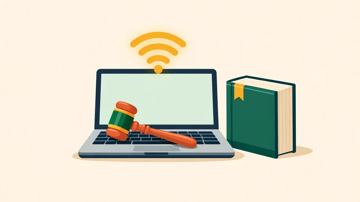 Gavel resting on a laptop under a wifi signal beside a law book, explaining the Interactive Gambling Act